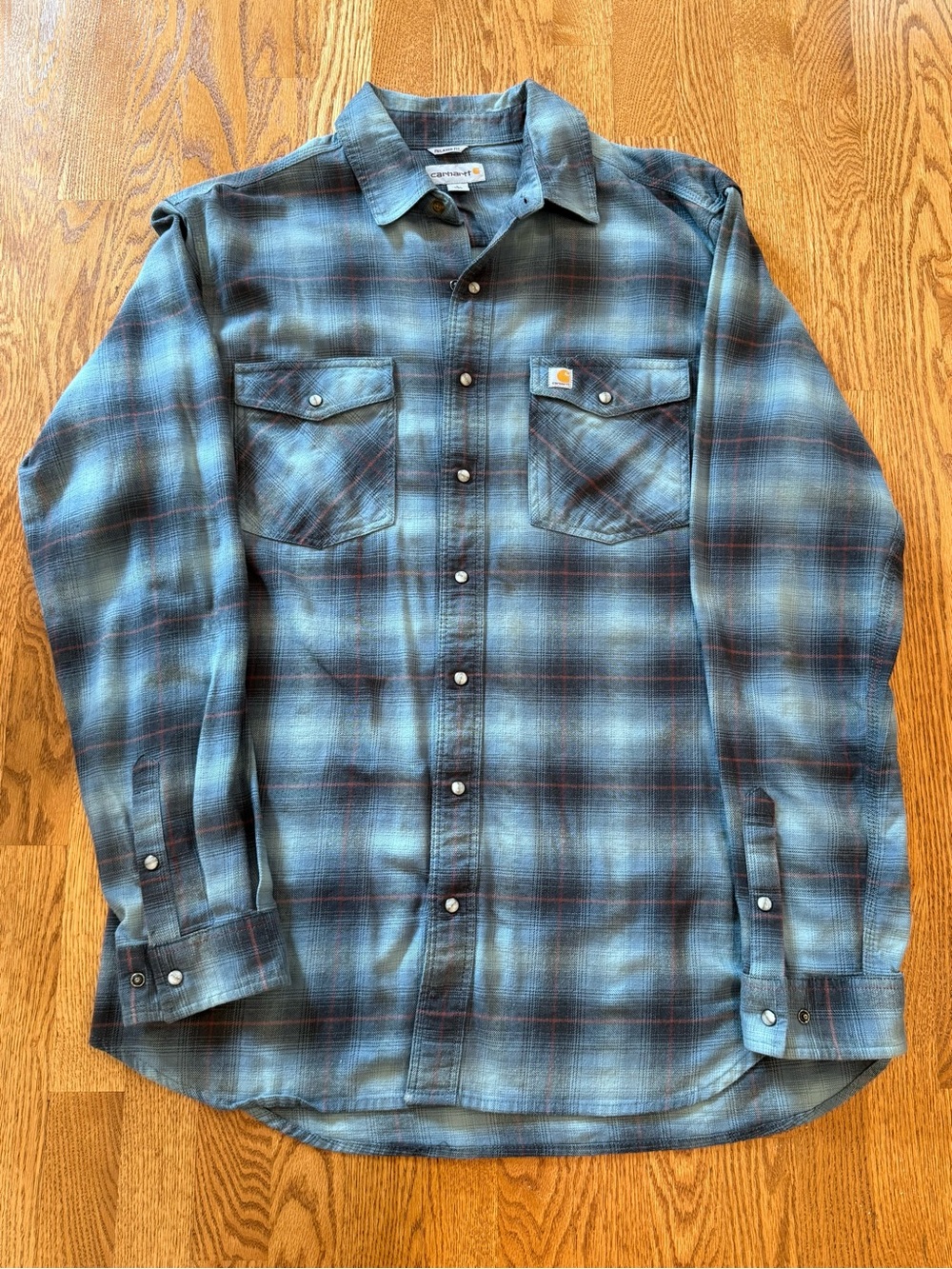 Carhartt Men's Teal and Black Plaid Button-Up Work Shirt